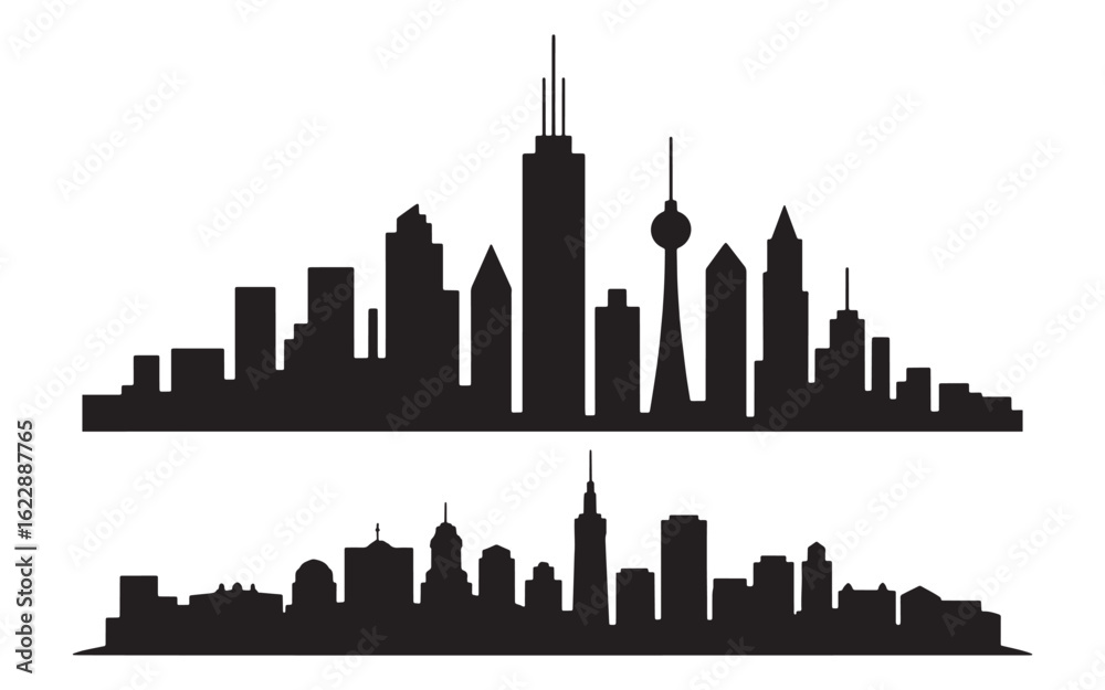 Naklejka premium Two black city skylines on white background cityscape urban