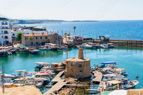 Kyrenia (Girne), Cyprus- July 13, 2025: Blue hour view in Kyrenia harbor which is currently a famous tourist resort.