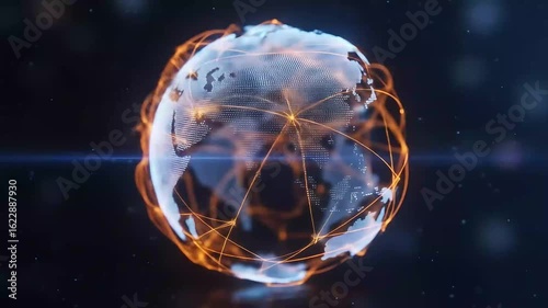 Rotating Digital Globe Connected with Glowing Network Lines on Dark Background