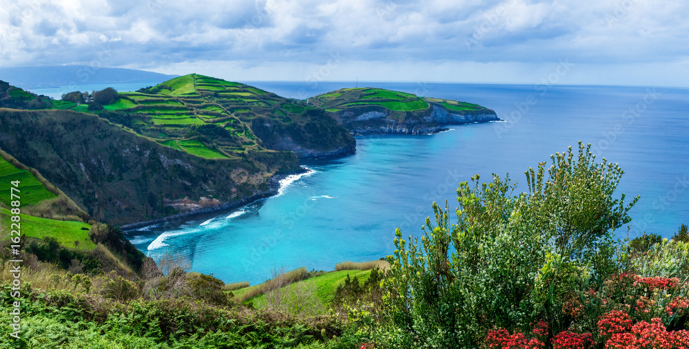 Obraz premium Azores, Portugal – Scenic Atlantic Ocean coastline with turquoise water green plants and tropical flowers