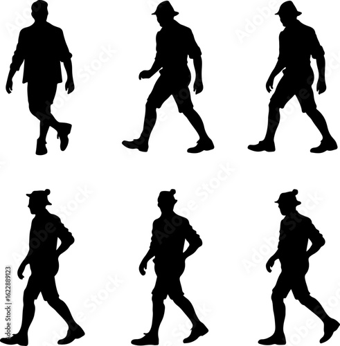 silhouette vector of a man walking confidently wearing traditional Bavarian lederhosen