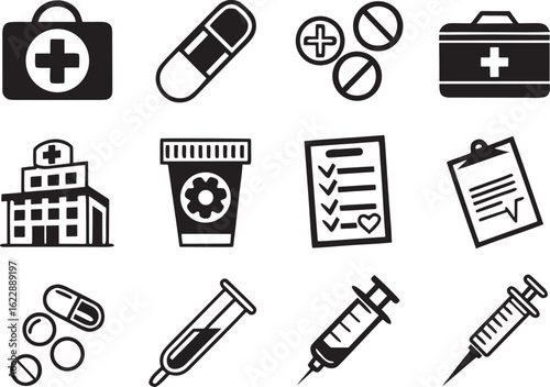 Health Medical Icons in Silhouette on White Background  Premium Vector Set