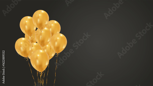 Bunch of golden balloons on the black background. Shiny balloons bunch Celebration, anniversary, festive banner.