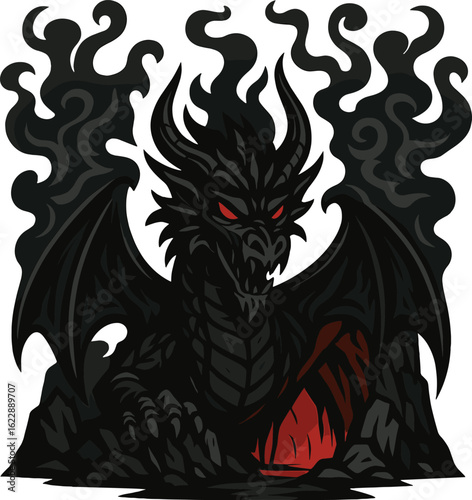 Dark gothic dragon emerging from lava cave with glowing eyes and smoke, horror fantasy vector
