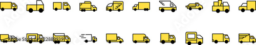 Bundle of Filled Color Icons of Yellow Van. Minimalistic Linear Pictogram for Web and Graphic Design, Apps, Banners, Social Network and Cards