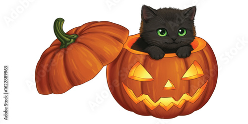 Cute black kitten inside a carved Halloween pumpkin.