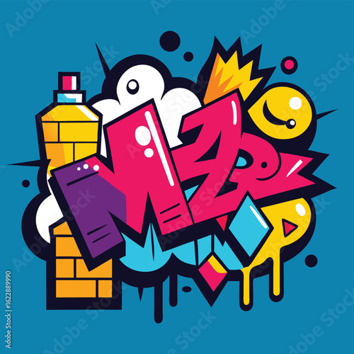 Colorful graffiti art illustration with wildstyle letters and spray can