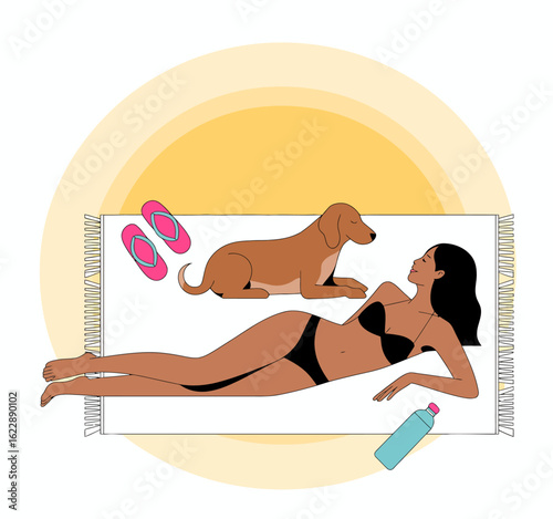 This illustration shows a woman enjoying a sunbathing moment with her dog on a beach towel, capturing the joy of companionship and relaxation under the sun.