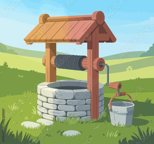 This idyllic image shows a classic wooden well amidst a beautiful green landscape, representing reliability, nostalgia, and the importance of water in life.