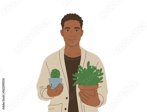 A cheerful individual holds two potted plants, symbolizing growth and nurturing, embodying the joy of gardening and the connection between humans and nature.