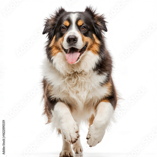 Energetic Aussie Shepherd in Motion: A vibrant Australian Shepherd races towards the viewer, its captivating gaze and playful demeanor radiate energy and joy.