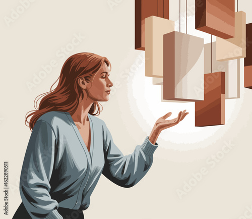 A sophisticated woman admires unique hanging art pieces, appealing to concepts of creativity, elegance, and the innate connection between art and emotion.