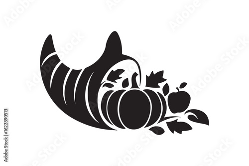 Black Silhouette of a Cornucopia Horn of Plenty with Pumpkins and Apples for Harvest and Thanksgiving