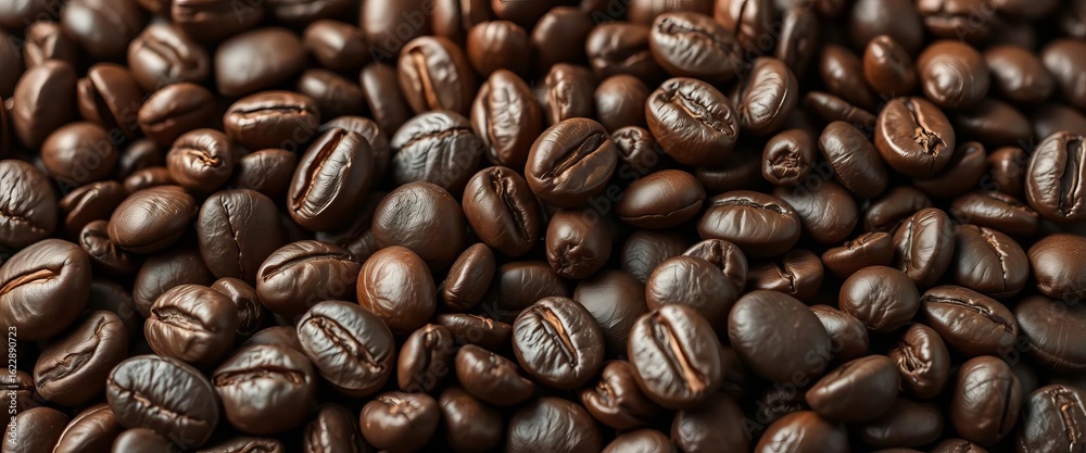 Obraz premium Deep brown roasted coffee beans, oily sheen, rich texture, vibrant, photography