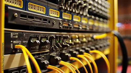 Network Server Room:  Close-up of interconnected hardware and fiber optic cables.