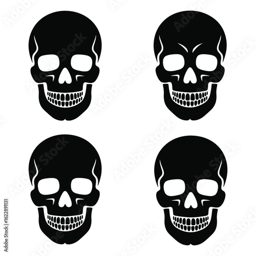 A set of 4 skull and bone inspired tribal silhouettes, fully black, white background, no text.