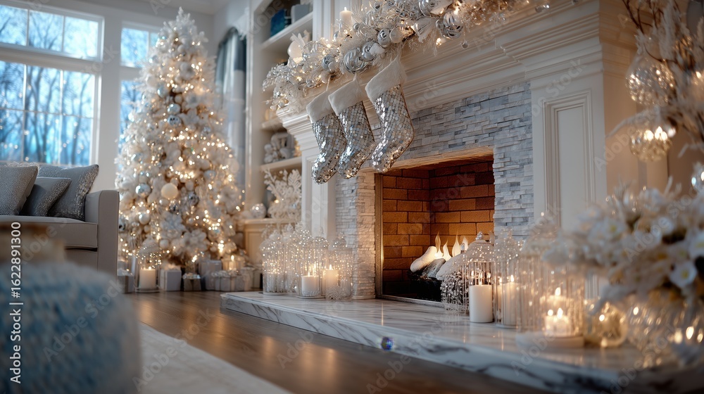 Fototapeta premium Elegant Christmas Living Room with White and Silver Holiday Decor