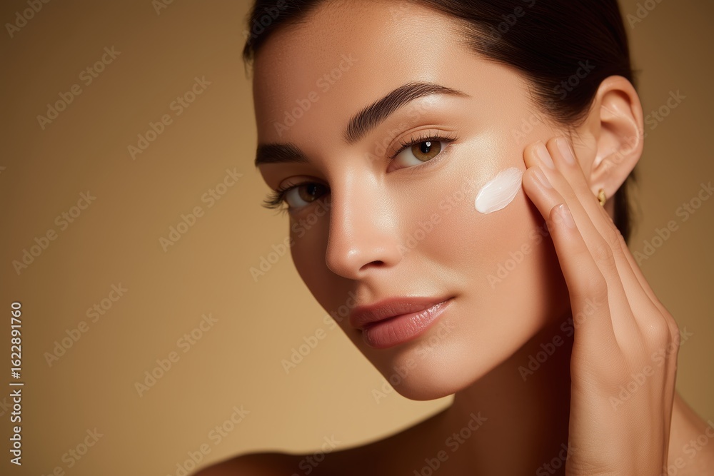 Flawless Woman Applying Cream with Radiant Skin and Golden Makeup Flawless Woman Applying Cream with Radiant Skin and Golden Makeup