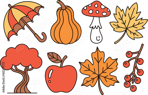 A colorful line art illustration of a set featuring various autumnal elements like a pumpkin, leaves, and an apple against a clean white background.