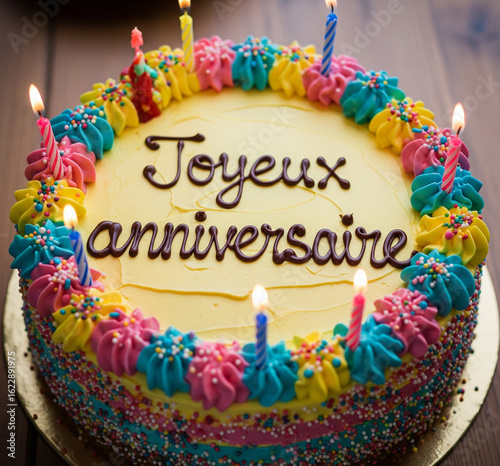 Gâteau coloré avec des bougies et avec écrit Joyeux anniversaire