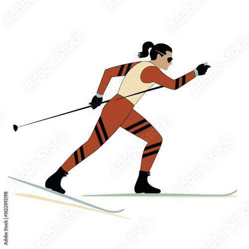 This bold illustration depicts a cross-country skier passionately gliding on snow, showcasing speed and determination in a modern graphic style and vibrant colors.
