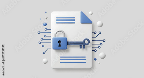 Conceptual 3D illustration showing a document secured with a lock and key, representing data protection.