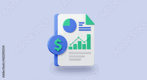 3D graphic of a financial report with pie chart, bar graph, and dollar sign.