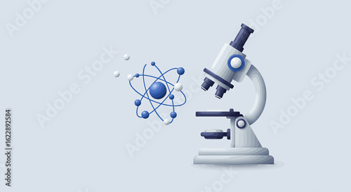 Microscope and atom model illustrate scientific research and discovery.