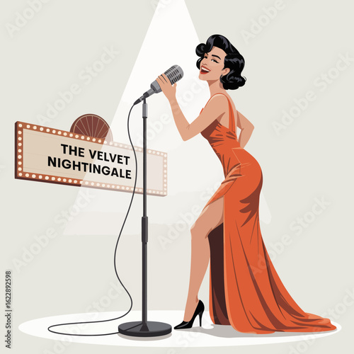 This striking image depicts an elegant singer in a glamorous red dress performing on stage, embodying grace, talent, and the vibrant nightlife of a classic jazz nightclub atmosphere.