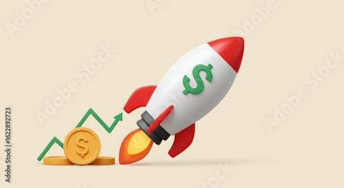 A financial rocket launching upwards, propelled by coins, symbolizing rapid growth and investment success.