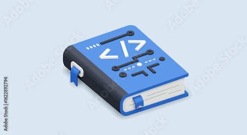 A blue book representing coding, featuring angle brackets and circuit board design.