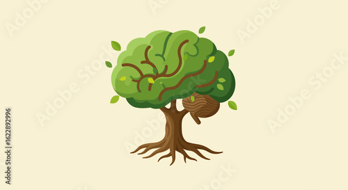 A stylized tree shaped like a human brain, roots firmly planted, leaves sprouting.