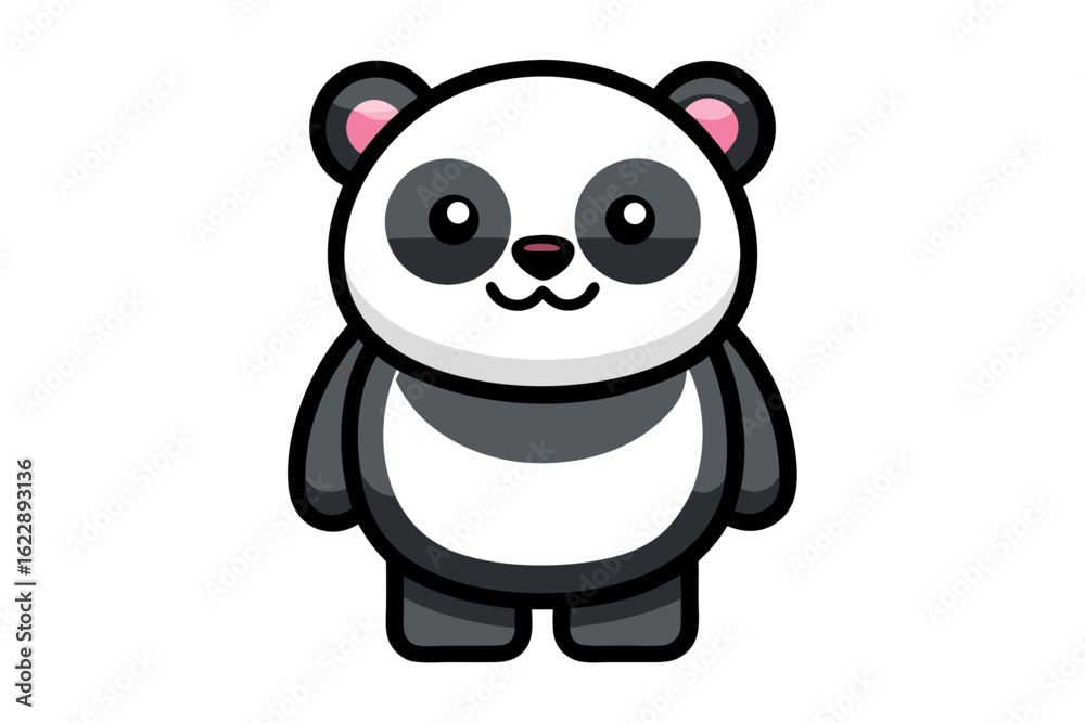 Naklejka premium Adorable cartoon illustration of a standing panda with big round eyes, blushing cheeks, and a happy smile, set against a soft pastel background.