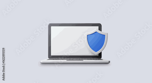 Laptop computer security, digital protection, online safety, blue shield icon.