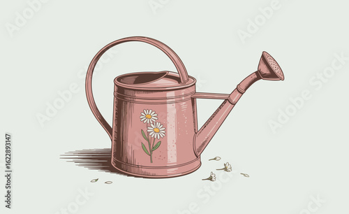 A charming vintage-style watering can adorned with a floral design, perfect for gardening enthusiasts and decorative gardening themes or outdoor settings.