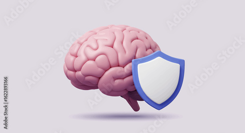 Pink 3D brain model protected by a blue shield, representing brain health and security.