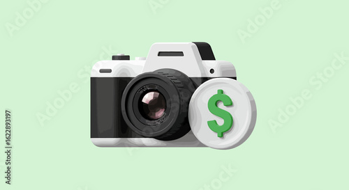 Camera and dollar coin illustrate photography income or cost.