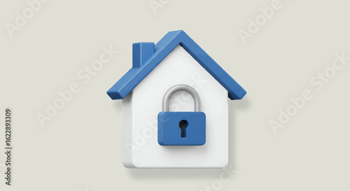 A 3D rendered illustration of a white house with a blue roof and a padlock.