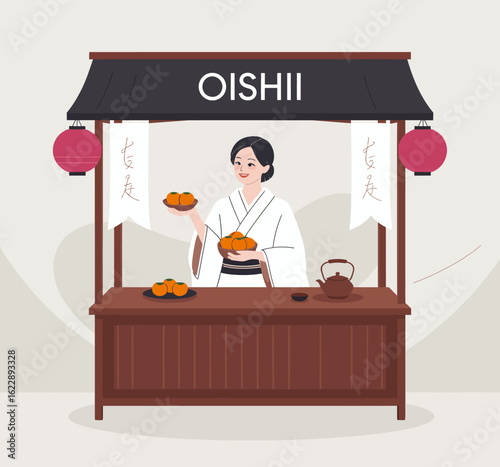 A charming traditional Japanese food stall showcasing fresh mandarins and warm tea, capturing the essence of cultural gastronomy and local market beauty.