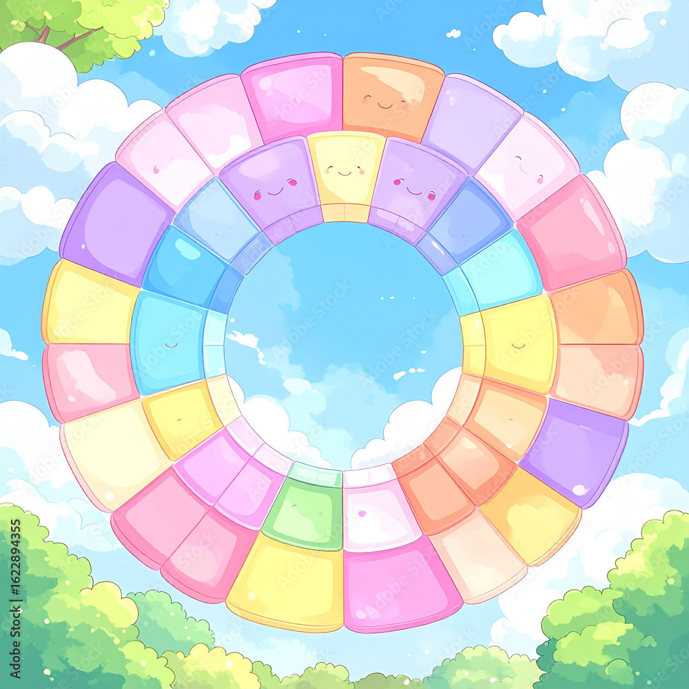 Fototapeta premium the image is a whimsical, eye level view of a large, ring shaped object comprised of pastel colored, square elements floating in the sky