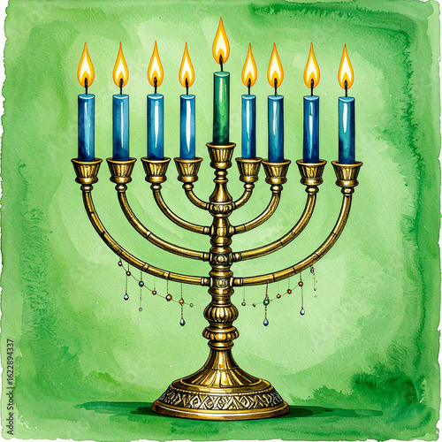 against a textured green background, a golden hued lampstand is presented, holding nine upright candles, all with lit flames