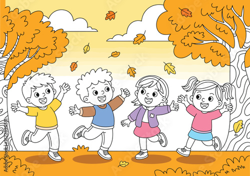 A cheerful cartoon illustration of a diverse group of four children playing happily together in a beautiful autumn park scene.