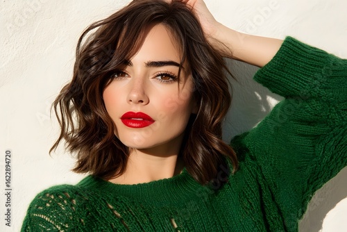 Wallpaper Mural Stunning Woman with Red Lips and Wavy Brunette Bob in Green Knit Sweater Torontodigital.ca