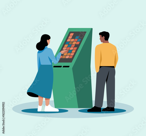 A modern scene depicting two individuals interacting with a touchscreen kiosk, representing the evolving nature of technology and its impact on daily life and communication.