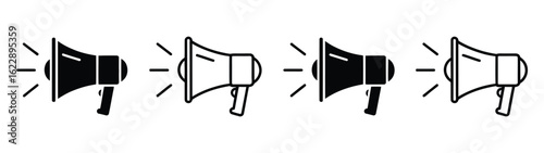 Vector art of four megaphone icons in black and white, alternating colors, isolated on white background, symbolizing communication, announcements, and public address systems for diverse applications