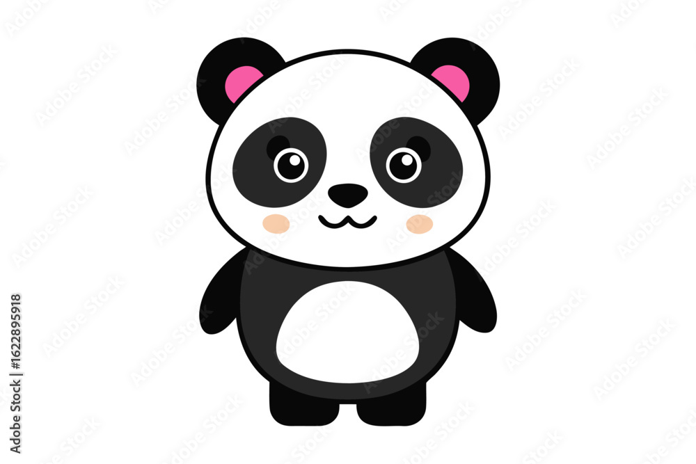 Naklejka premium Adorable cartoon illustration of a standing panda with big round eyes, blushing cheeks, and a happy smile, set against a soft pastel background.