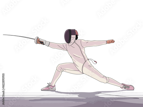 An animated fencer dressed in gear is captured in a dynamic pose while maneuvering gracefully, emphasizing the sport's intensity and the athlete's skill and precision.