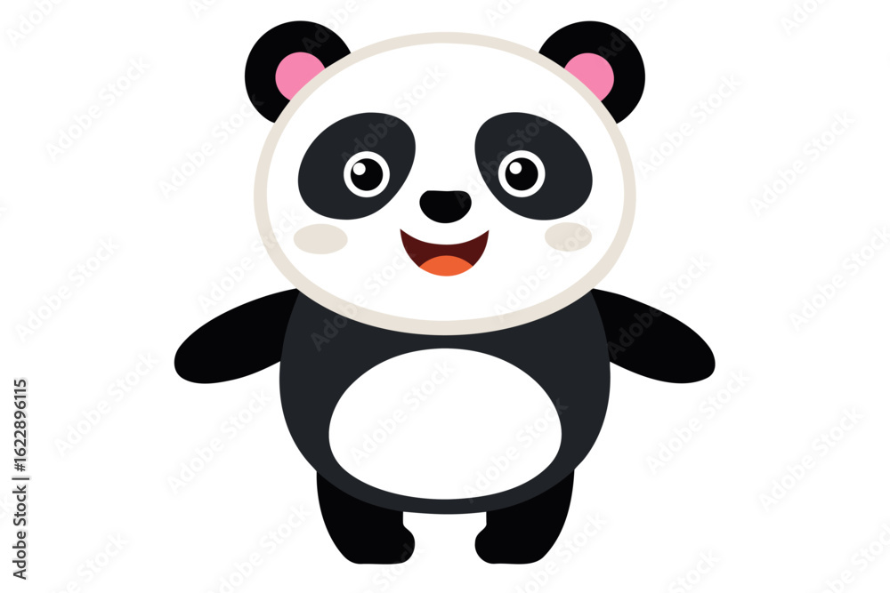 Fototapeta premium Adorable cartoon illustration of a standing panda with big round eyes, blushing cheeks, and a happy smile, set against a soft pastel background.