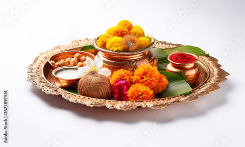 Beautifully Decorated Pooja Thali for festival celebration to worship, rice grain and kumkum, flowers, hindu puja thali.
