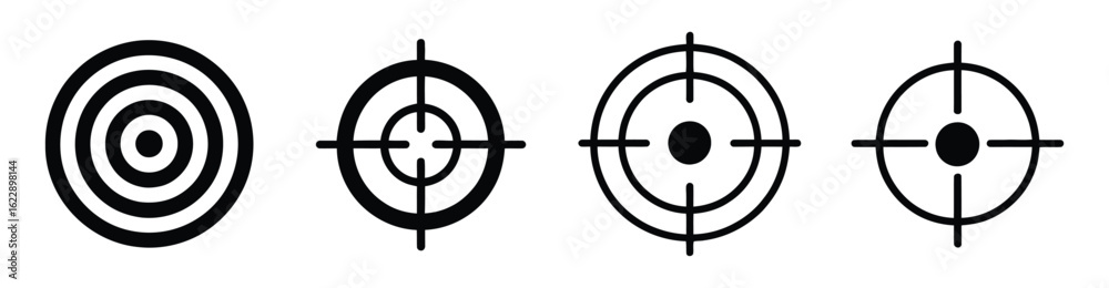 Illustration of four target symbols isolated on white background, representing goals, precision, accuracy, and strategic focus for achieving success Illustration of four target symbols isolated on white background, representing goals, precision, accuracy, and strategic focus for achieving success